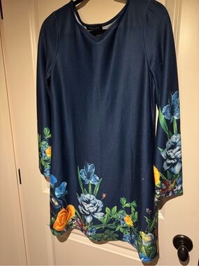 Navy Floral Graphic Border Long-Sleeve A-Line Dress